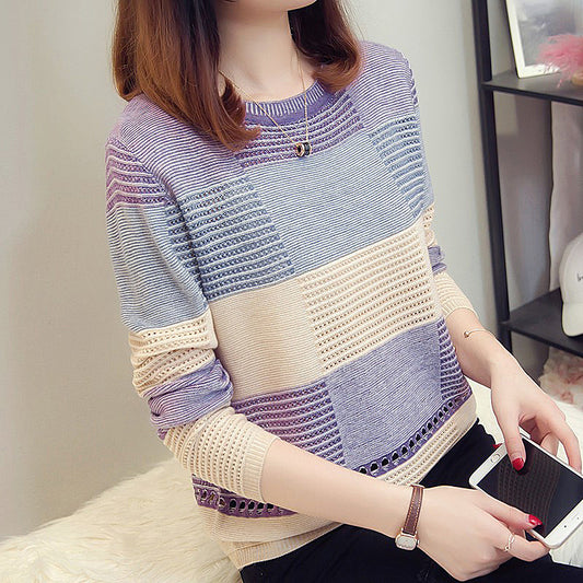 Opened female spring, autumn new Korean version of the color matching loose striped long sleeve bottoming sweater hollow thin section blouse