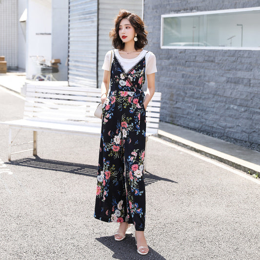 Two-piece strap pants European station women's 2021 summer T-shirt floral wide legs fashion suite women