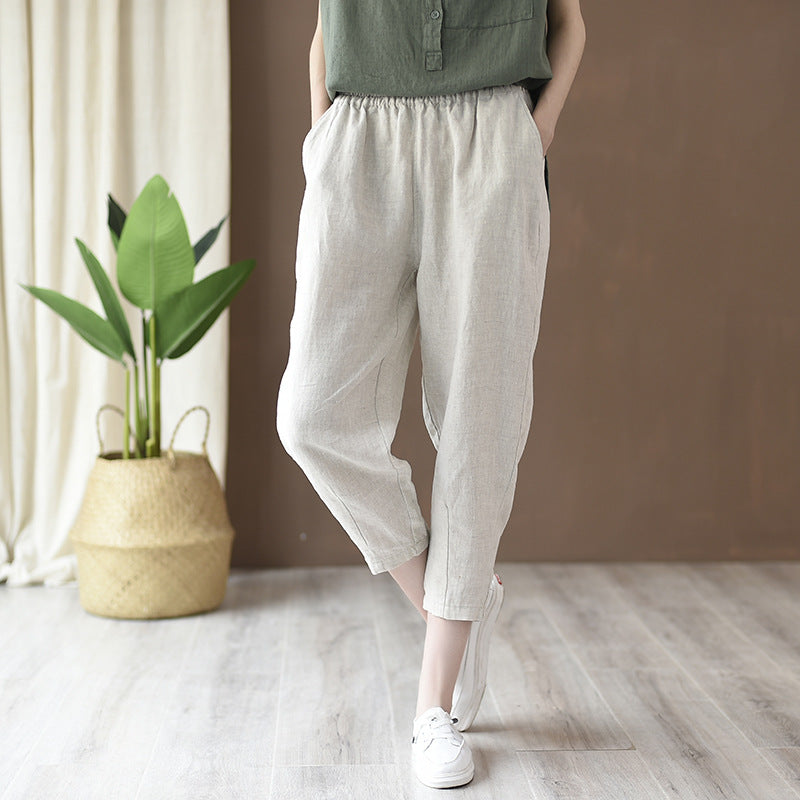 2021 spring and summer new cotton and linen women's literary cotton and linen casual pants linen seven pants radish pants