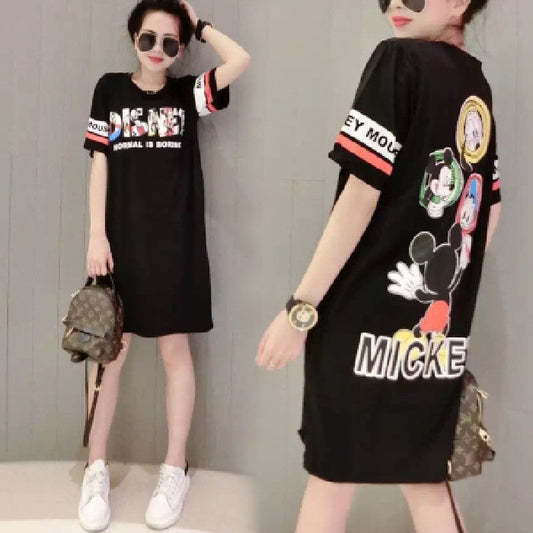 European station 2020 summer new loose large size fashion print cartoon short-sleeved long section T-shirt dress female