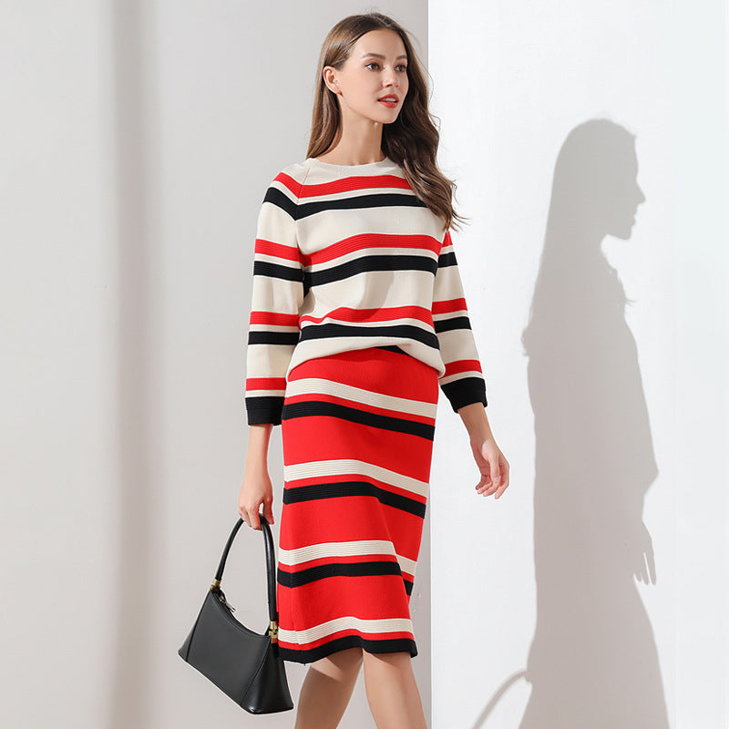 Set of dress spring new small wind striped sweater two-piece set