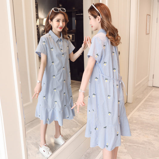 Maternity skirt maternity dress summer new short-sleeved shirt skirt cotton linen strip pattern embroidery tail pregnant women's dress summer