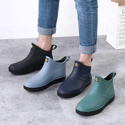 New fashion waterproof slip male rain shoes short tube kitchen working fishing rain boots car wash water shoes trend glue cover shoes