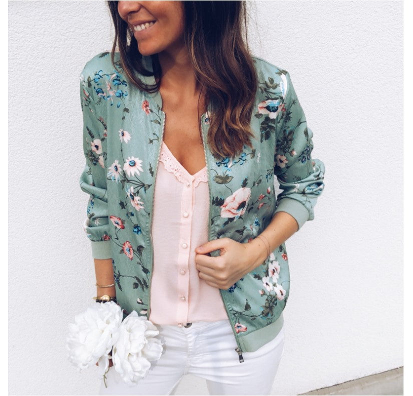 autumn and winter fashion print round neck zipper long sleeve jacket women's jacket