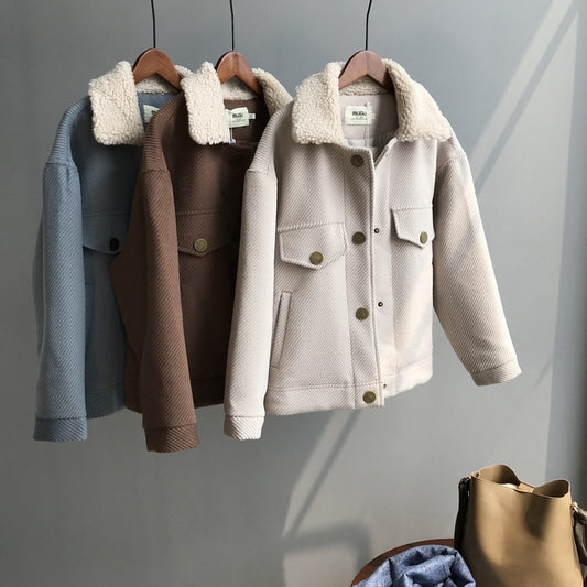 2019 Winter new solid color loose casual lamb hair long sleeve coat cotton women 8079