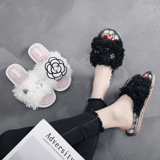 Wish hot new small fragrant wind roll plush flower slippers female cross-over-overseas high-end material slippers winter