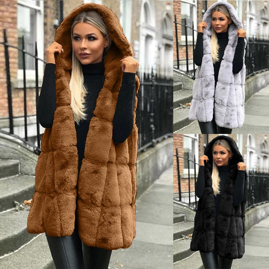 Spot Amazon Hot 2021 Europe and America Hot Sale Autumn and Winter Hooded Jacket Faux Fur Ladies Vest Cardigan Women