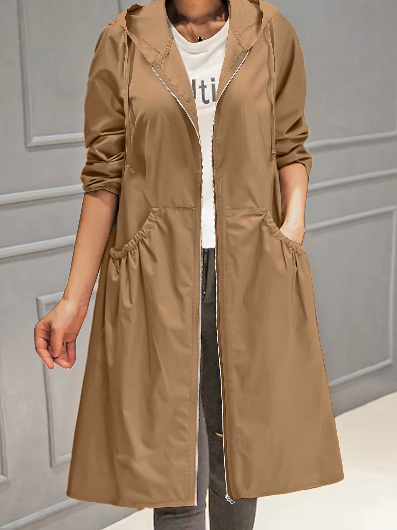 Trench Casual Taglie Forti, Trench Lungo Da Donna A Maniche Lunghe Con Cerniera Con Coulisse E Cappuccio Con Tasche