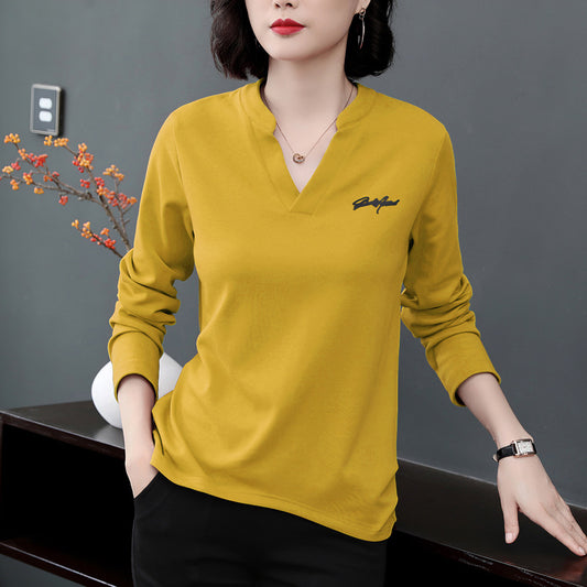 95 cotton long-sleeved T-shirt female loose autumn new large size ladies bottoming small shirt printing V-neck