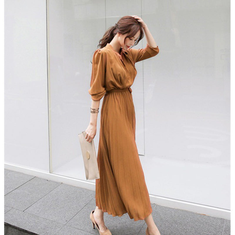 Long Sleeve Pleated Dress 2022 Spring and Autumn New Slim Fit Waist Thin Han Fan Celebrity Temperament Pleated Skirt