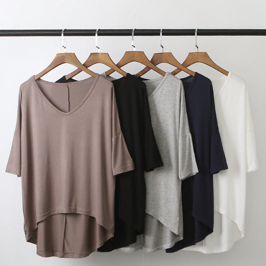 2021 spring and summer new modal bat sleeve center sleeves T-shirt female casual Korean version V colored large size bottoming shirt