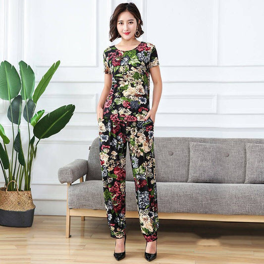 Summer ice silk short sleeve set middle-aged women's mother loose large size thin section flexible multi-color home two-piece