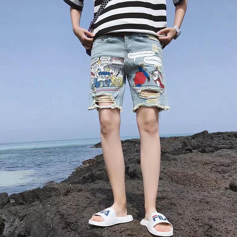 Summer cartoon new men's loose hole five pants Korean version of the trend jeans student short pants uzlang