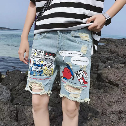 Summer cartoon new men's loose hole five pants Korean version of the trend jeans student short pants uzlang