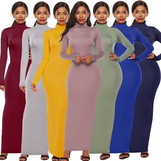 eBay cross-border foreign trade women's European and American fashion solid color long skirt long sleeve stresses Slim high collar dress