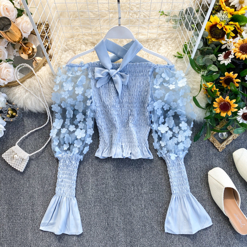 Spring and summer new girl court wind shawl super fairy sweet three-dimensional mesh shoulder bubble sleeve short small shirt tide