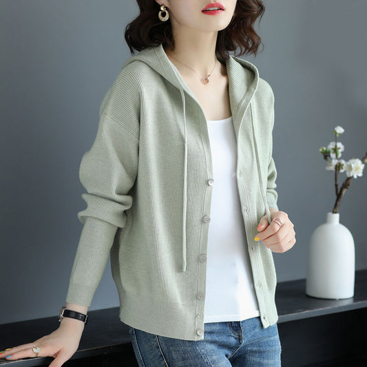 2021 Spring and Autumn Pack of new knit cardigan women's Korean version of the loose hooded strap single buckle jacket autumn top