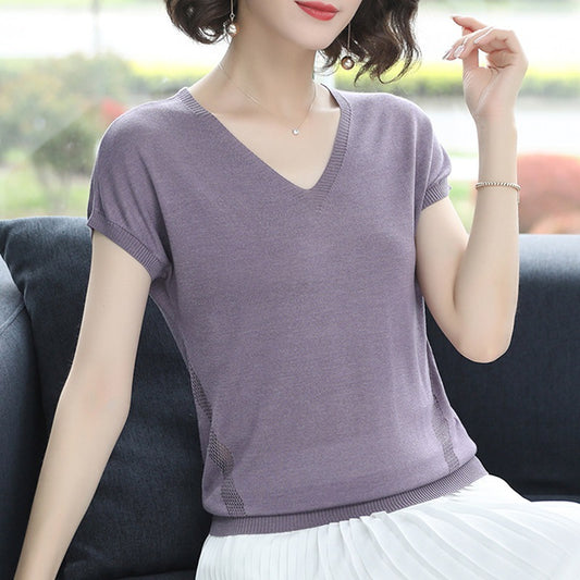 Ice silk short-sleeved female 2020 new women's loose thin section summer sweater V-neck t-shirt on clothing body