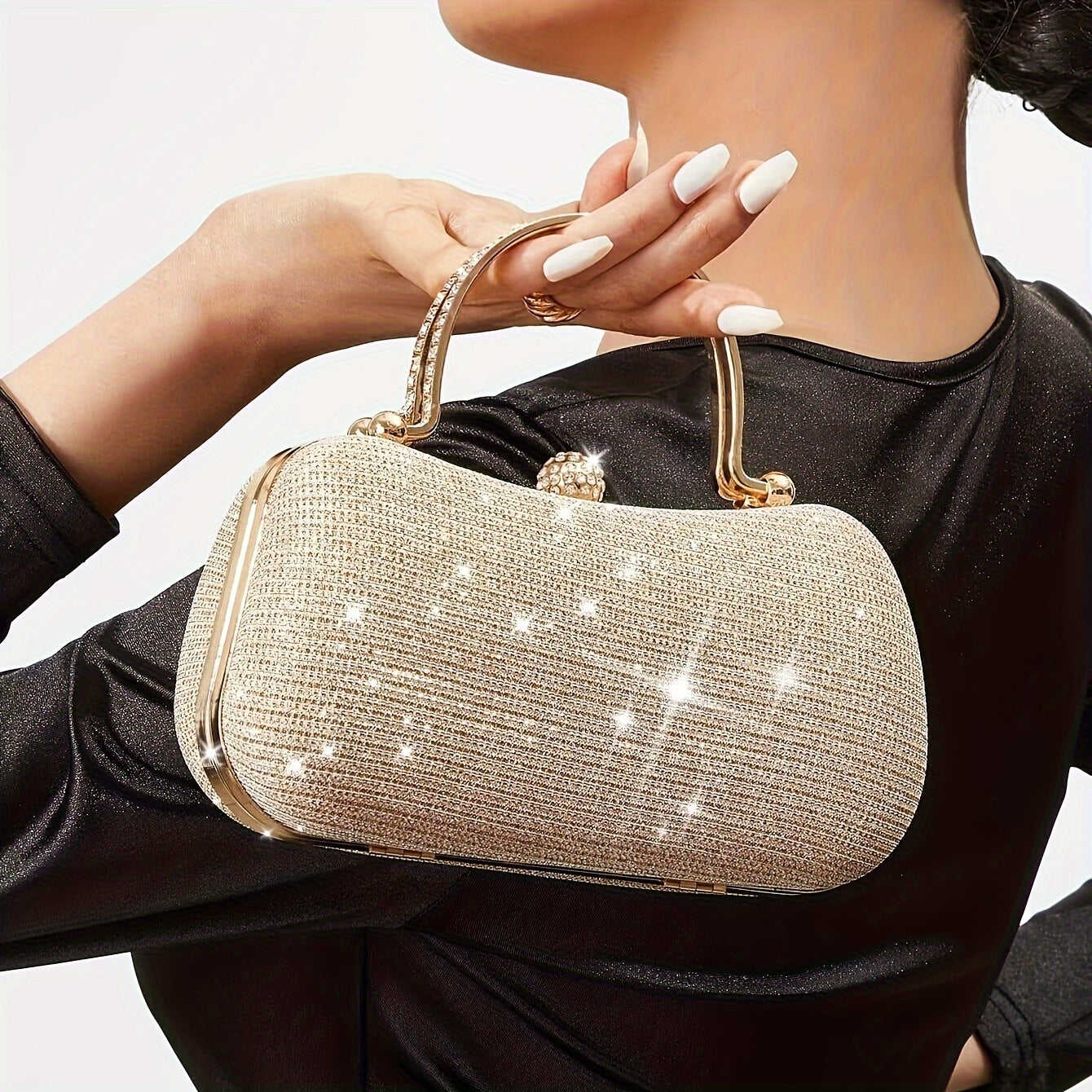 Mini Rhinestone Decor Chain Glitter Box Bag, Stylish Clip Satchel Dinner Bag For Women And For Music Festival