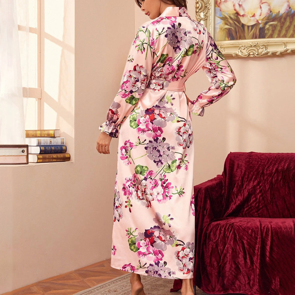 Simulation silk bathrobe source factory customizes the production of European and American lace foreign trade sources cross-border sexy pajamas home service