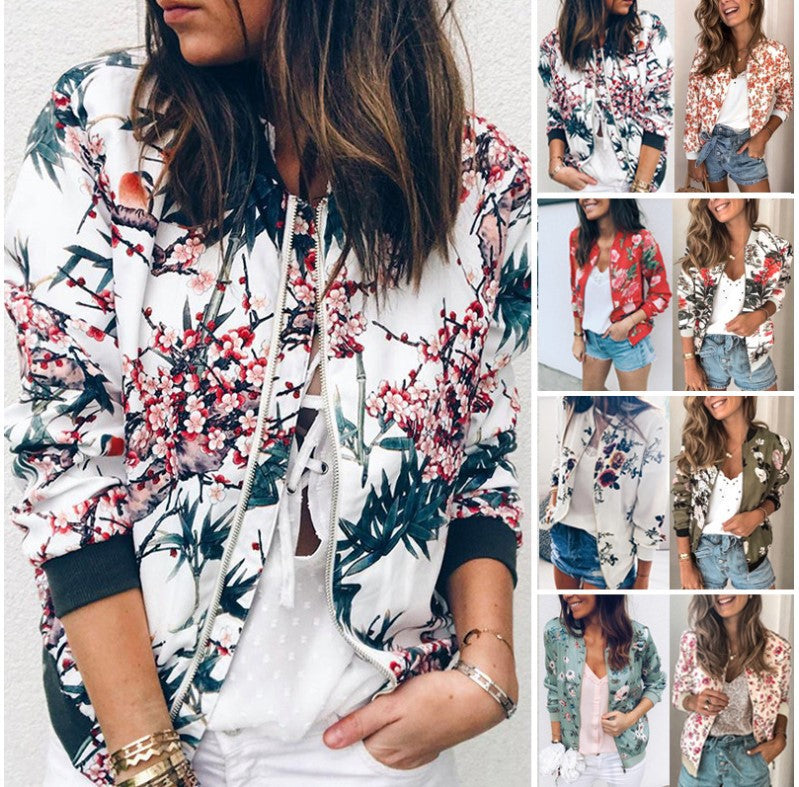 autumn and winter fashion print round neck zipper long sleeve jacket women's jacket