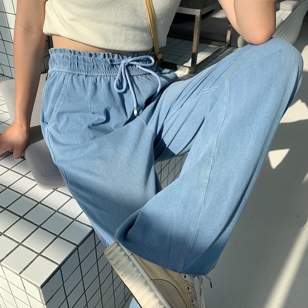 Spot 2021 summer Korean cowboy wide legs women's day silk denim trousers ice silk high waist vertical sect