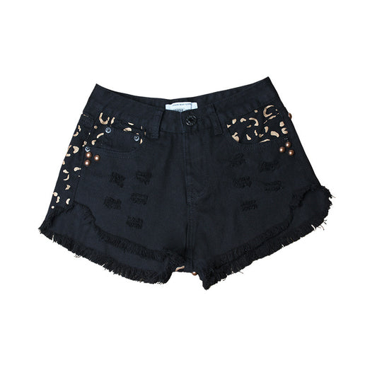 European station AliExpress hole rivets denim European and American shorts loose wide feet high waist printed hot pants