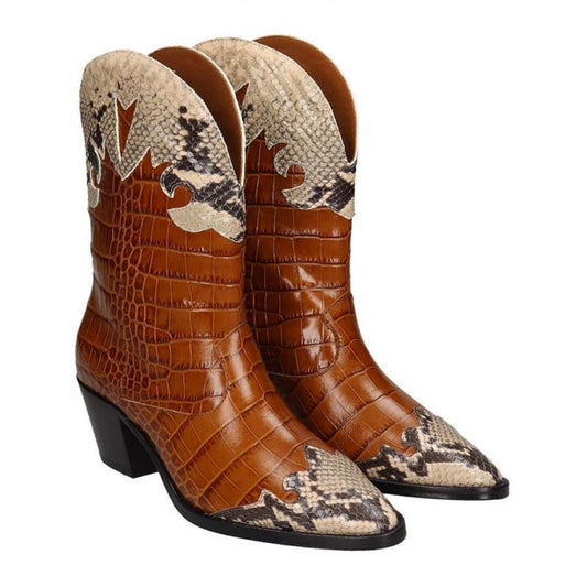 Retro cowboy boots new short boots female snake pattern stitching medium heel large size thick heel low boots pointy toe set feet large size women's boots