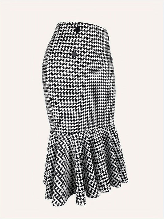 Houndstooth Print Bodycon Skirt, Elegante Gonna A Sirena Con Orlo Alto In Vita, Abbigliamento Da Donna