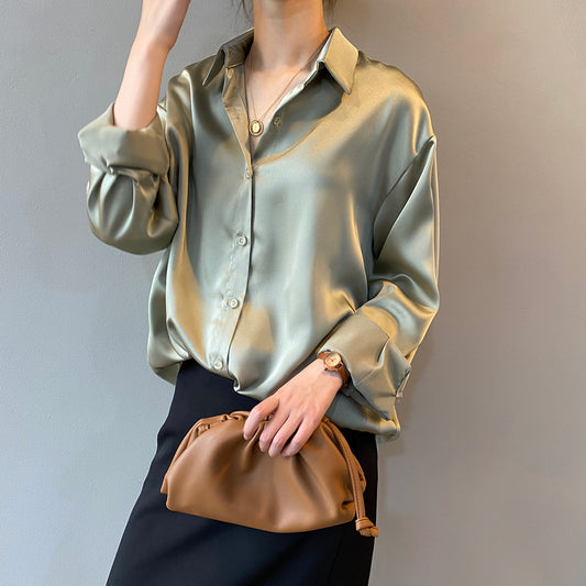 Word double shirt 2021 autumn new Korean version of the solid color temperament loose thin long sleeve lapel shirt female 0726