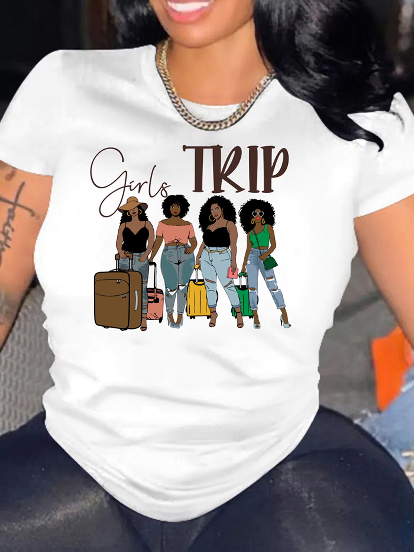 Girl Trip Print Crew Neck T-shirt, Casual Short Sleeve T-shirt For Summer, Women's Clothing