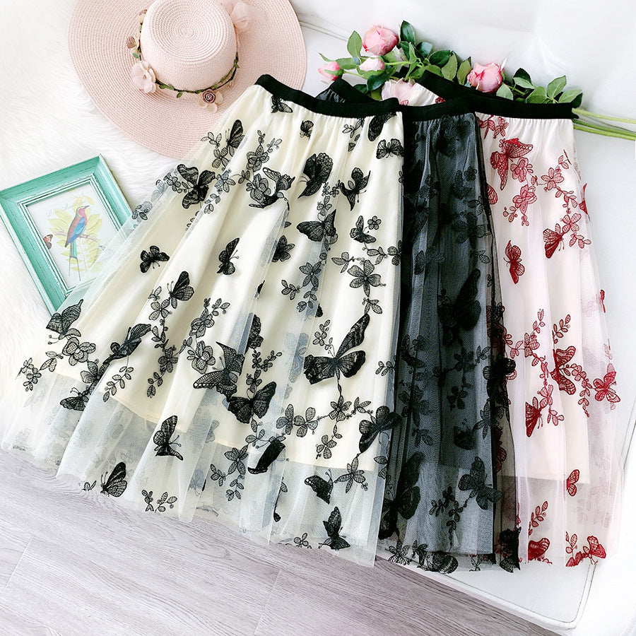 Butterfly femoral skirt, long mesh A word buffer 2021 autumn and winter new heavy work embroidery fairy skirt