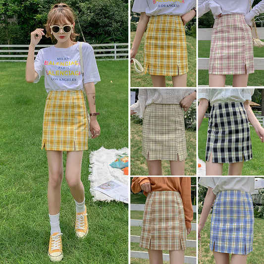 Plaid half-length skirt female skirt 2021 new skirt Korean version of the student wind lining high waist open A letter bag hip skirt