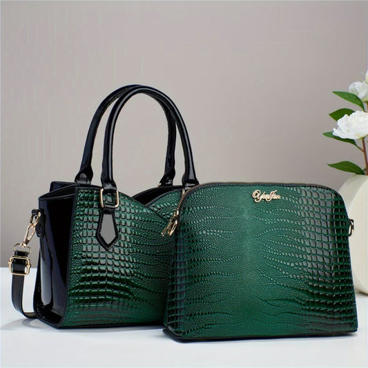 2 Pcs Elegant Crocodile Pattern Bag Set, Lightweight Classic Shoulder Bag With Square Pouch