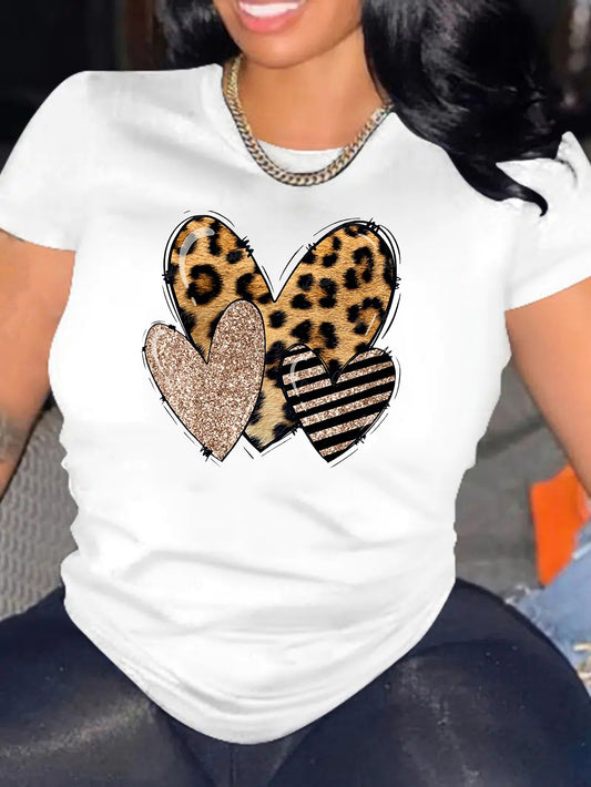 Leopard Heart Print T-Shirt, Maglietta Casual A Manica Corta Con Collo A Giro Per La Primavera E L'estate, Abbigliamento Da Donna