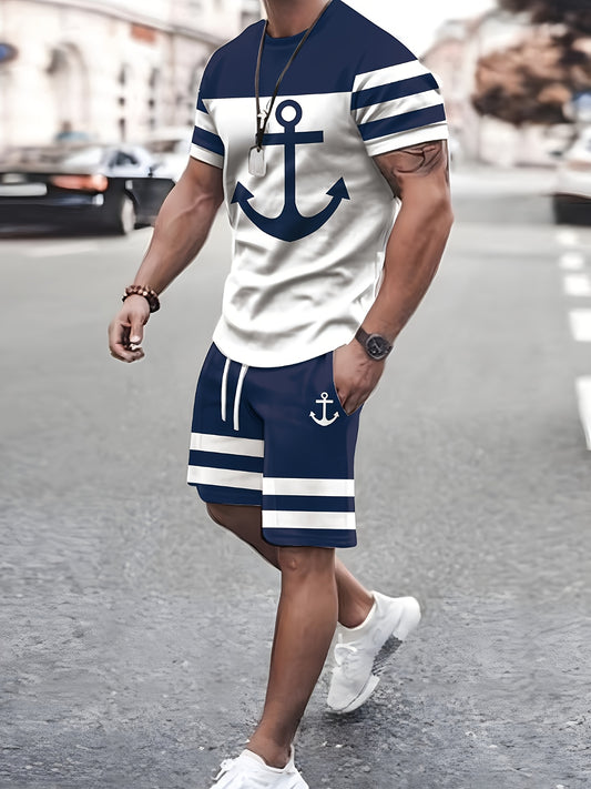 2-piece Men's Anchor And Stripe Pattern Outfit Set, Men's Color Block Short Sleeve Crew Neck T-shirt & Drawstring Shorts Set For Summer Outdoor