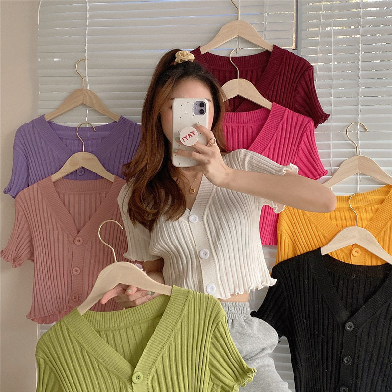 Wooden ear roller short-sleeved knitted open shirt female 2021 summer V colored wild slim short top cloth tide