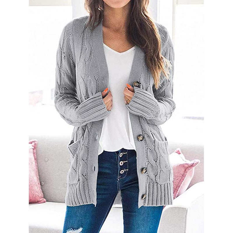 2021 Amazon autumn and winter new cardigan sweater women Europe and America V-neck single-breasted long-sleeved sweater jacket