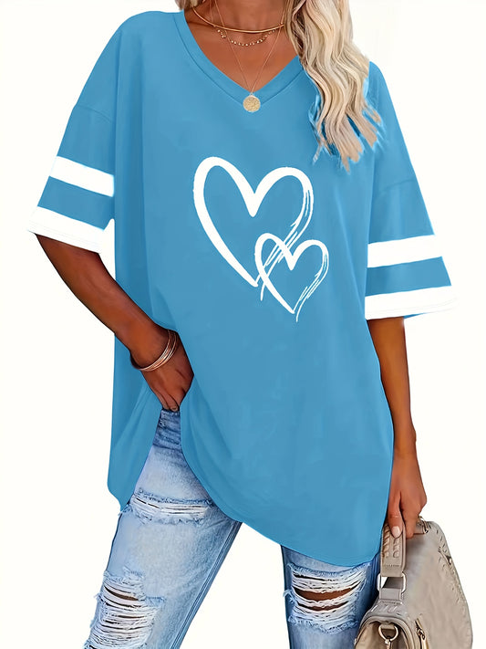 T-shirt Taglie Forti Con Stampa Di Cuori, T-shirt Casual A Maniche Corte Con Scollo A V, Abbigliamento Taglie Forti Da Donna