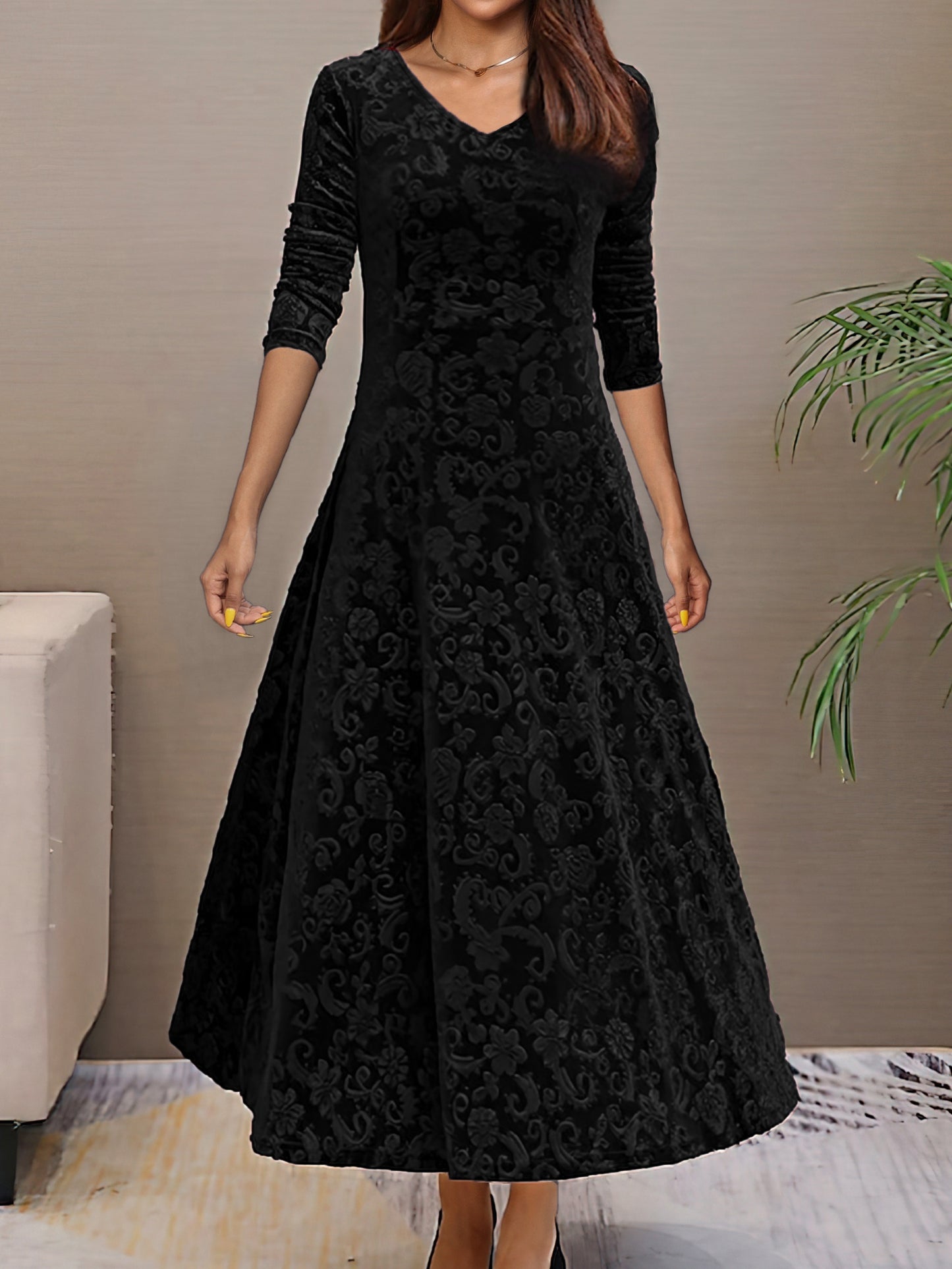 Abito Elegante Taglie Forti, Abito Maxi Da Donna Con Scollo Rotondo A Maniche Lunghe Con Motivo Floreale In Velluto Tinta Unita