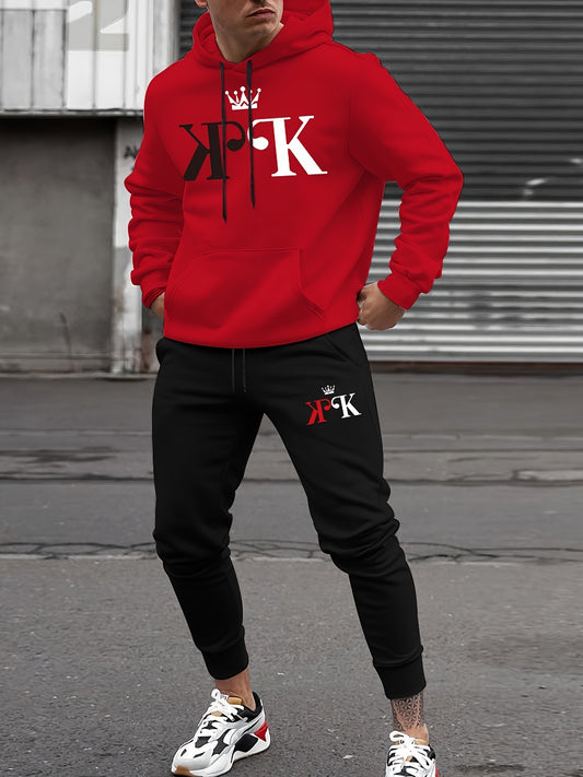 Men's 2-piece Letter Print Outfit Set, Men's Hooded Sweatshirt With Drawstring And Pocket & Sweatpants Set, Spring Fall