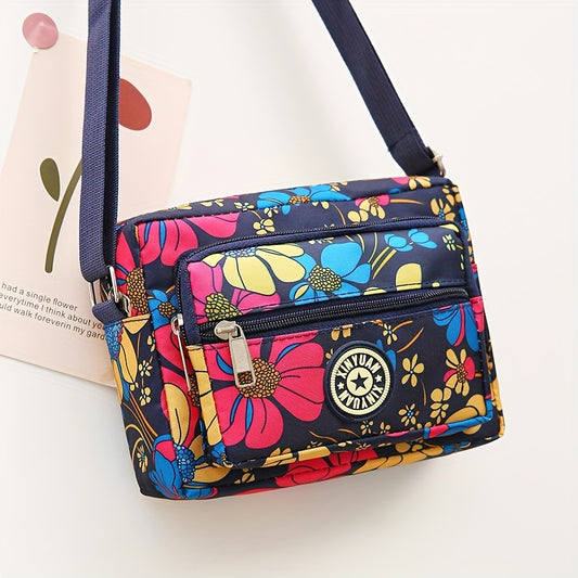 Floral Pattern Crossbody Bag, Mini Nylon Shoulder Bag, Women's Multi Zipper Square Purse For Daily Use