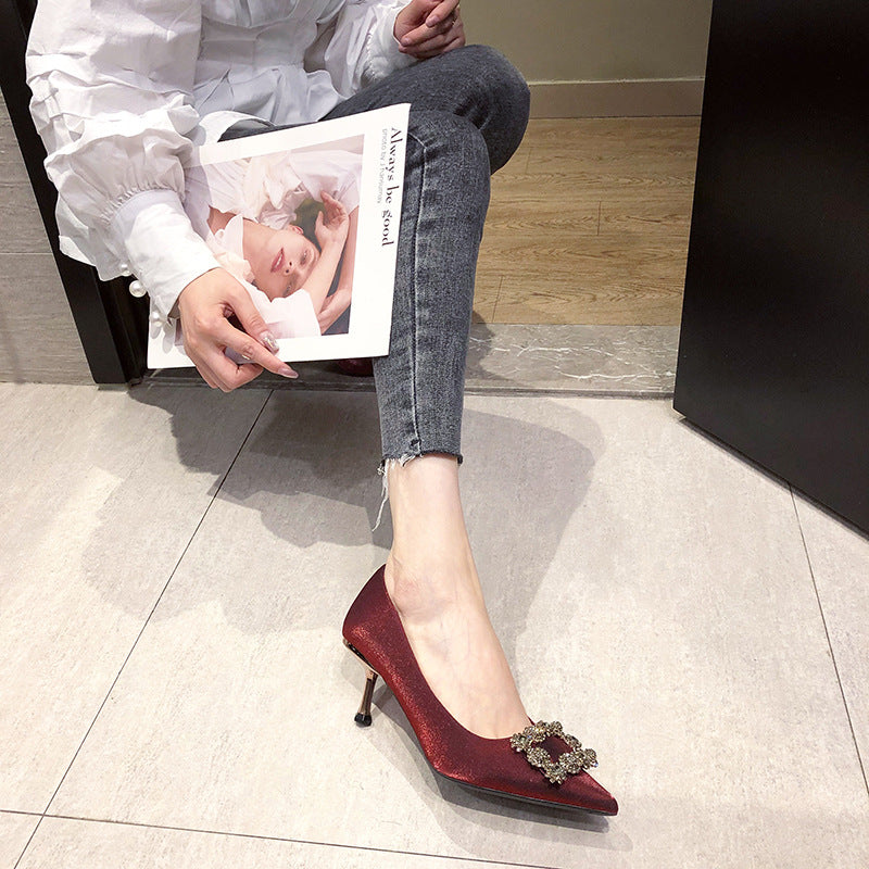 2020 autumn new French temperament water drill deduction wild single shoes pointed shallow mouth stiletto black high heel women