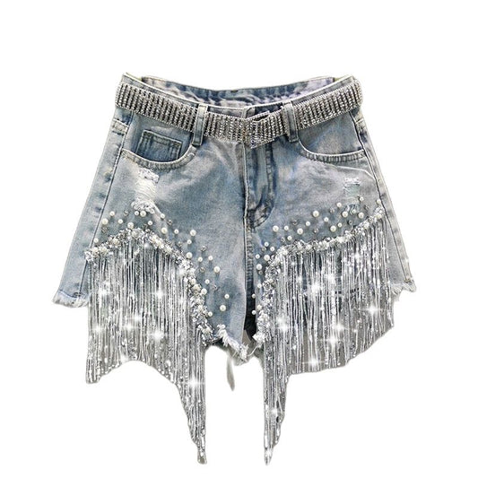 Sparkling Tassel Beaded Denim Shorts