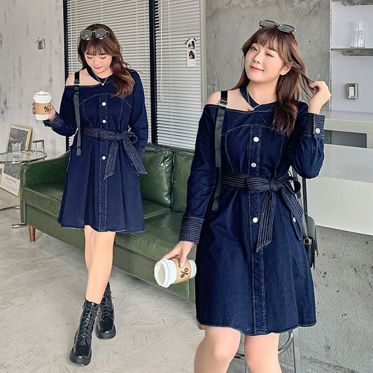 Shuangfu Korean version of the solid color plus fat large size women's autumn chubby mm light cooked new long-sleeved dress K315