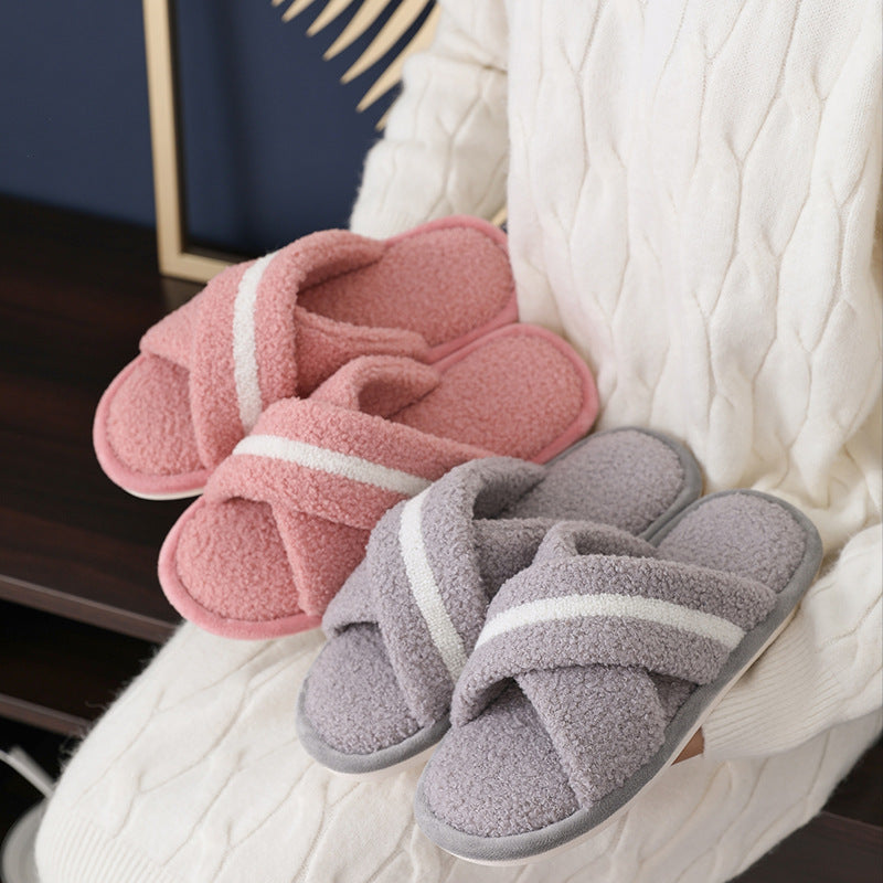 Women's cotton slippers cross the month couple plush winter home indoor soft bottom anti-slip warm home hair slippers