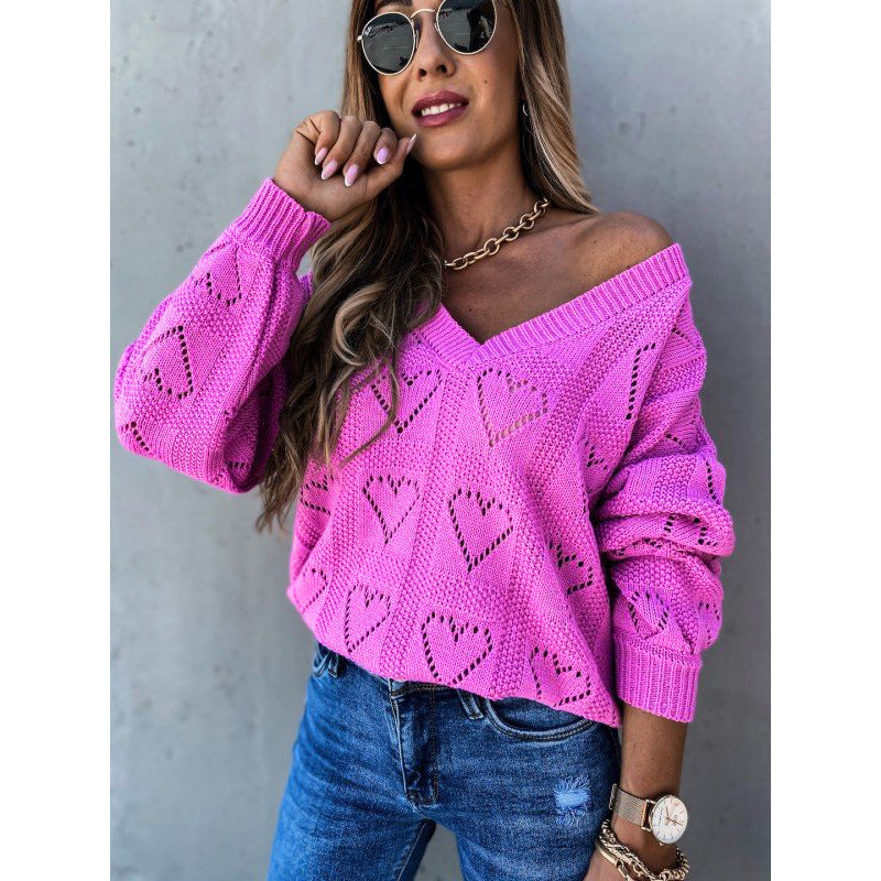 2020 women's autumn and winter new European and American eBay Wish solid color V neomindest hollow loose knit sweater