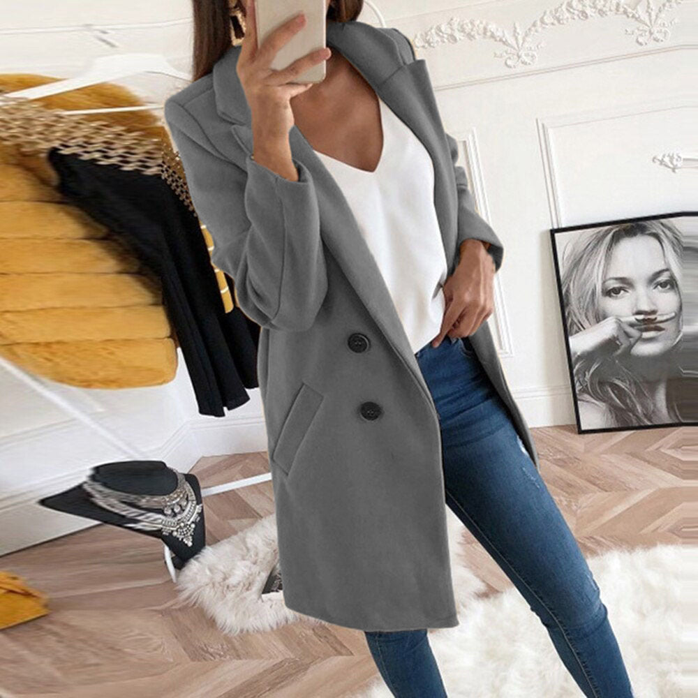 2019 Europe and America Amazon new Wish solid color lapel long section button woolen coat women