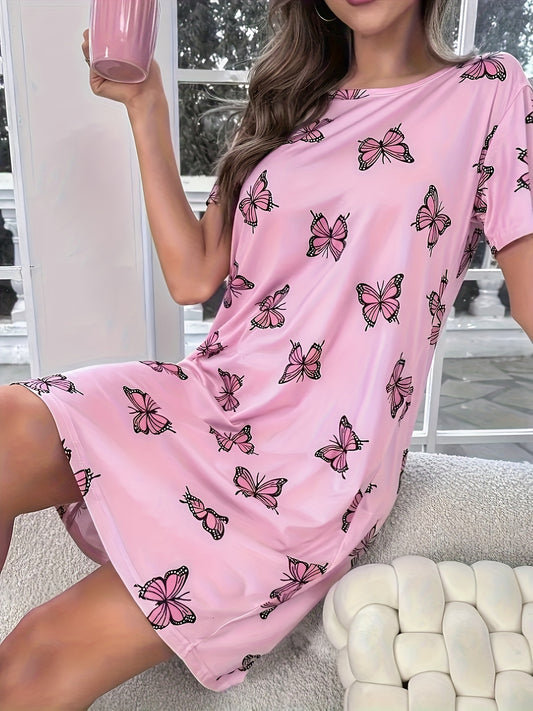 Butterfly Print Crew Neck Dress, Casual Short Sleeve Dress For Spring & Summer, Women's Clothing