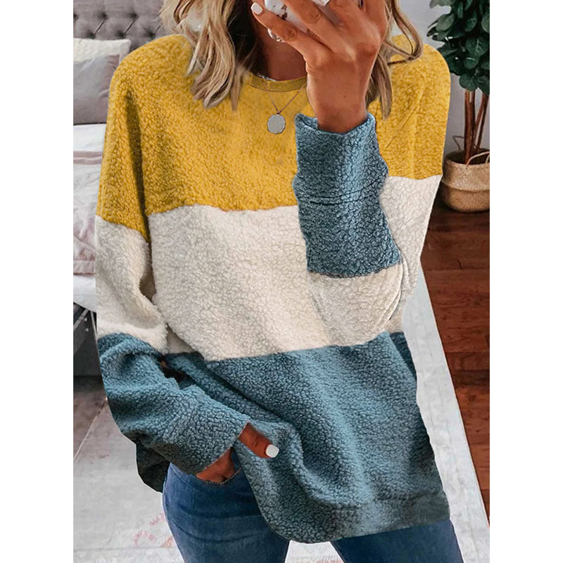 Cross-border European and American foreign trade women's clothing 2020 new wish hot sale autumn and winter plush stitching contrast coat women's sweater